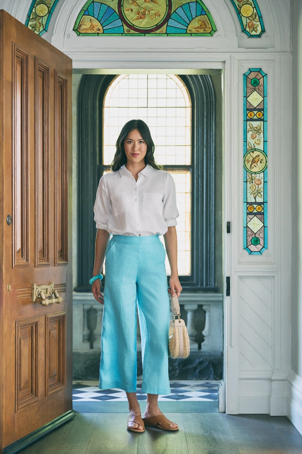7/8th Wide Leg Linen Pant - Blue Lake
