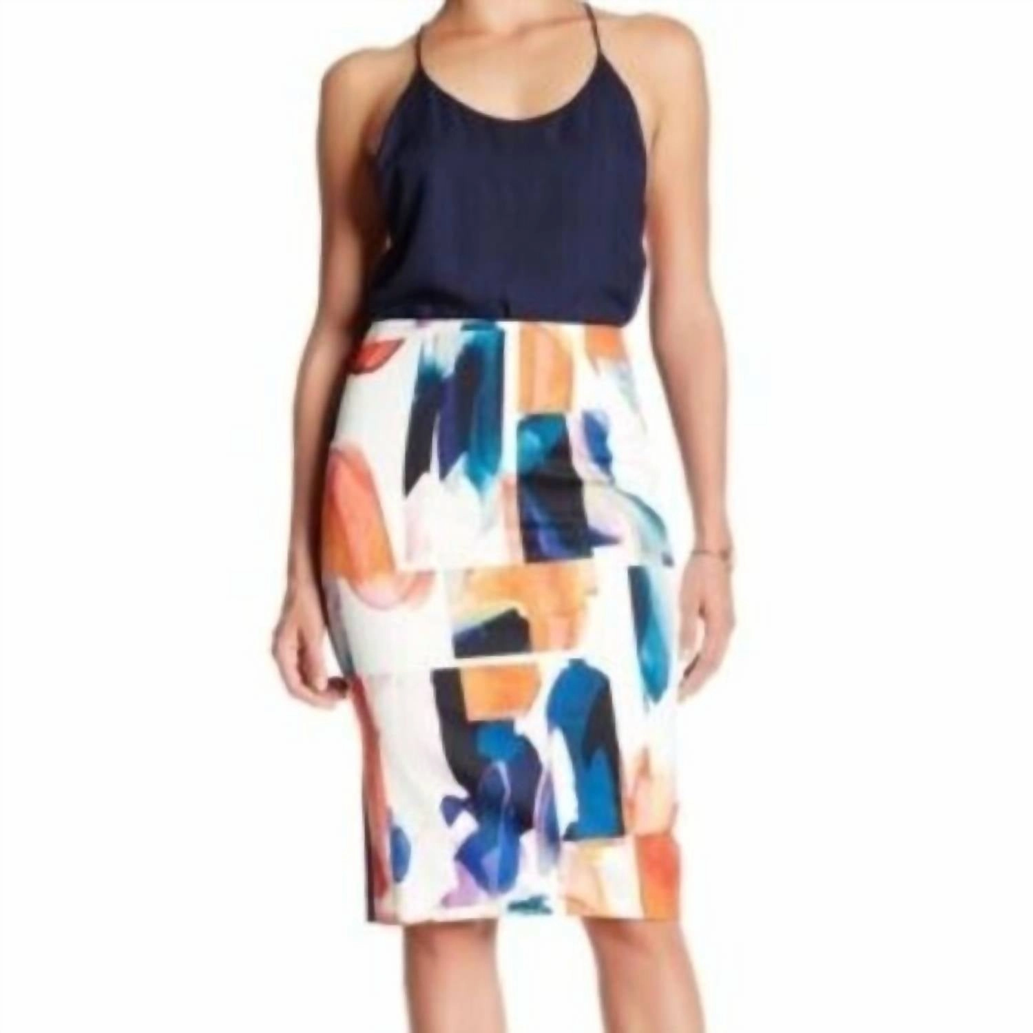 Abstract Print Pencil Skirt In White