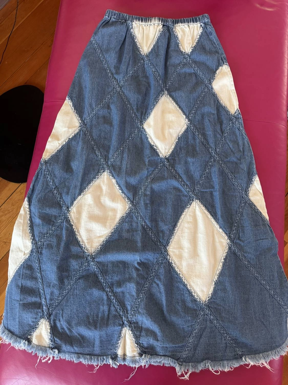 Acid Wash Diamond Panels 100% Cotton Maxi Skirt In Denim