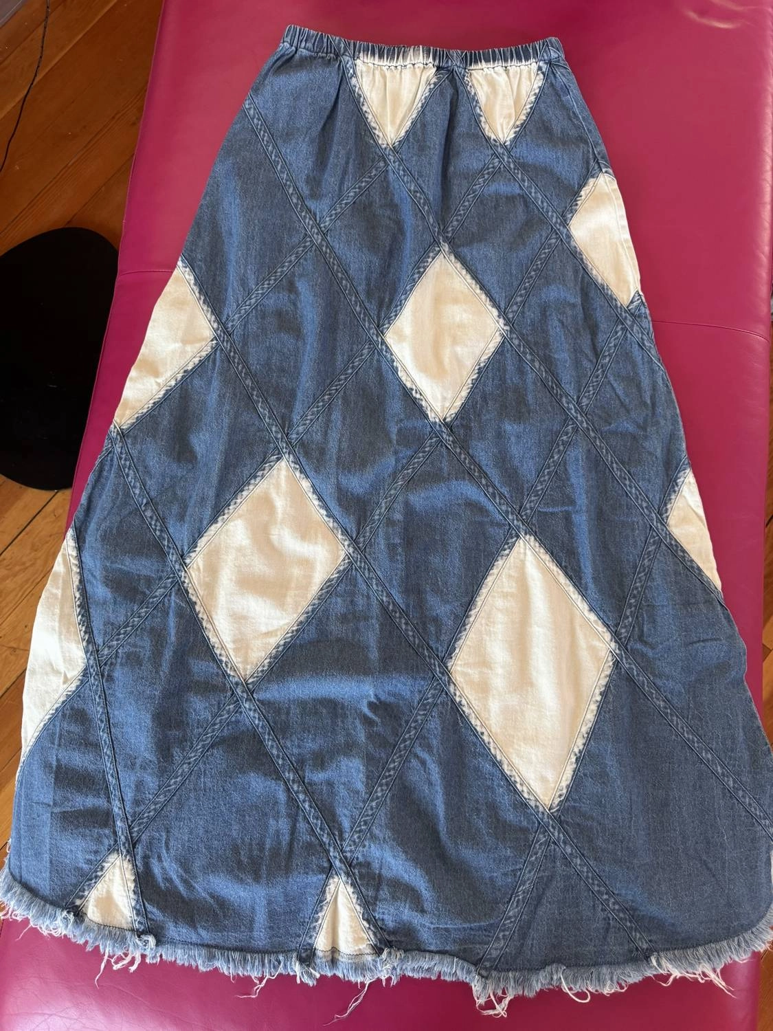 Acid Wash Diamond Panels 100% Cotton Maxi Skirt In Denim