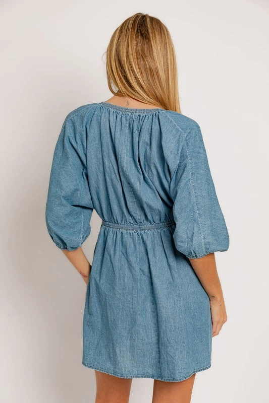 Adorable In Denim Balloon Sleeve Mini Dress