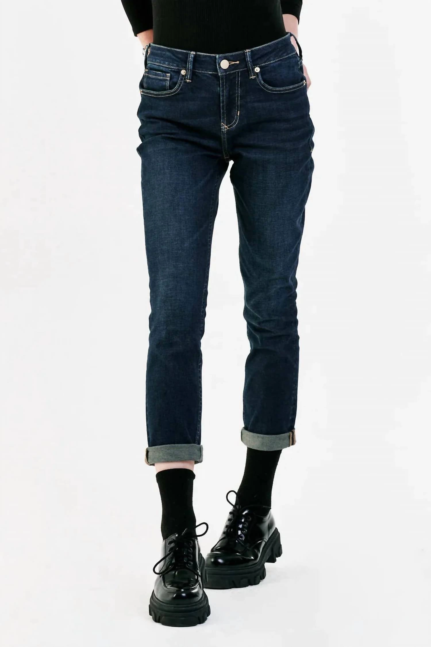 Aiden Slim Girlfriend Denim Jeans In Dark Blue