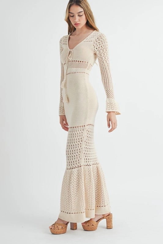 Alana Bell Sleeve Crochet Bodycon Maxi Dress