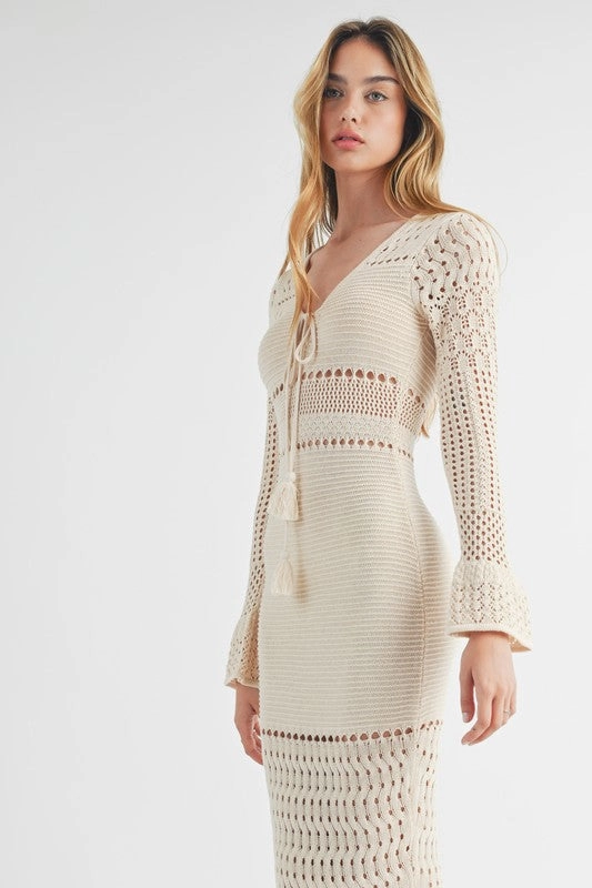 Alana Bell Sleeve Crochet Bodycon Maxi Dress