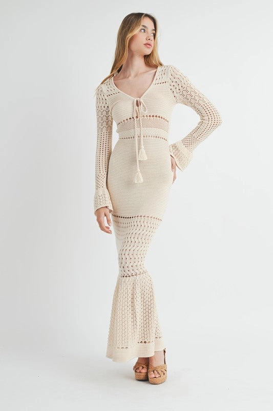 Alana Bell Sleeve Crochet Bodycon Maxi Dress