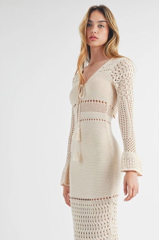 Alana Bell Sleeve Crochet Bodycon Maxi Dress