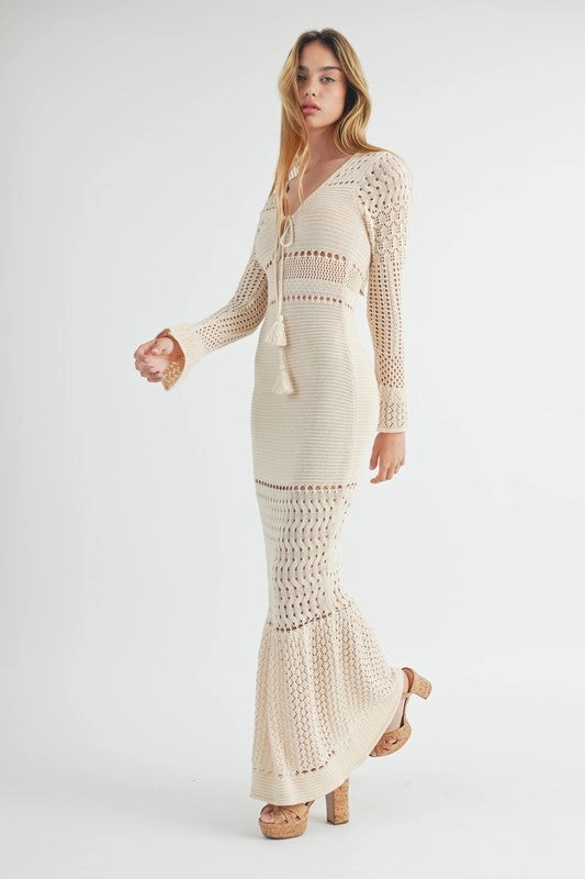 Alana Bell Sleeve Crochet Bodycon Maxi Dress