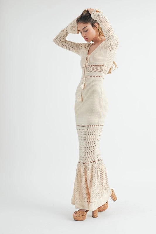 Alana Bell Sleeve Crochet Bodycon Maxi Dress