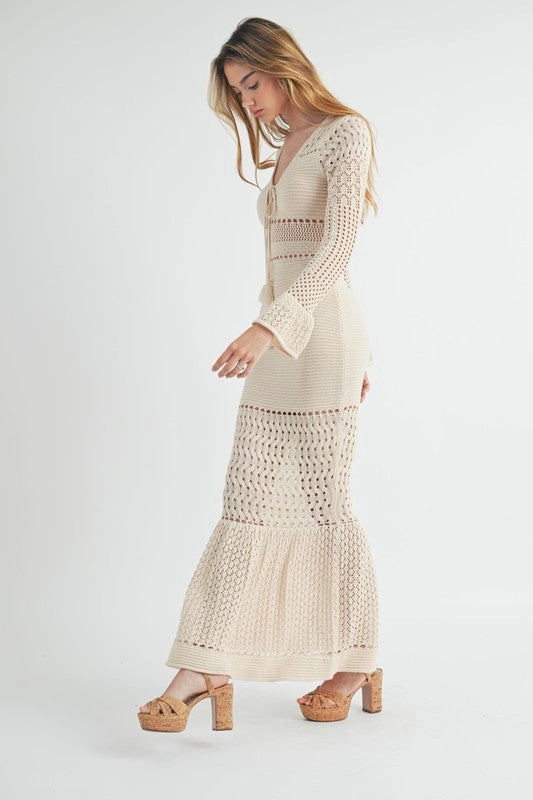 Alana Bell Sleeve Crochet Bodycon Maxi Dress