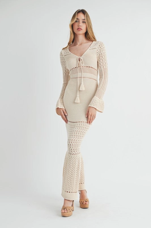 Alana Bell Sleeve Crochet Bodycon Maxi Dress