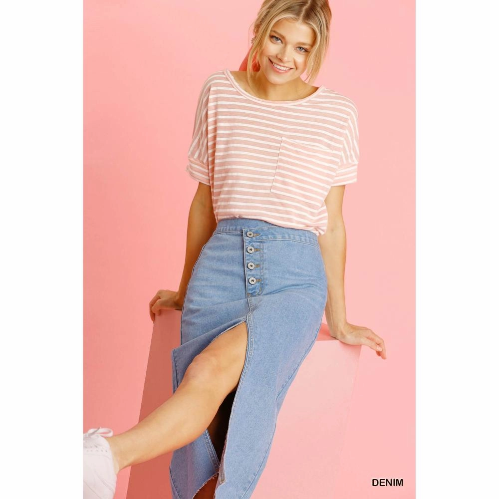 Asymmetrical Waist And Button Up Front Split Denim Skirt With Back Pockets And Unfinished Hem