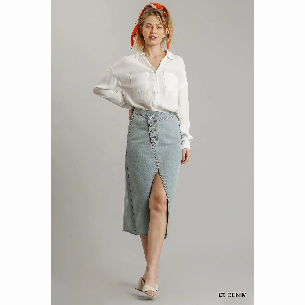 Asymmetrical Waist And Button Up Front Split Denim Skirt With Back Pockets And Unfinished Hem