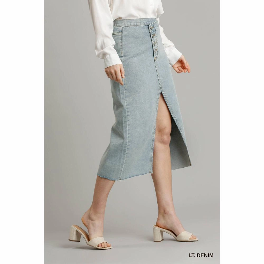 Asymmetrical Waist And Button Up Front Split Denim Skirt With Back Pockets And Unfinished Hem
