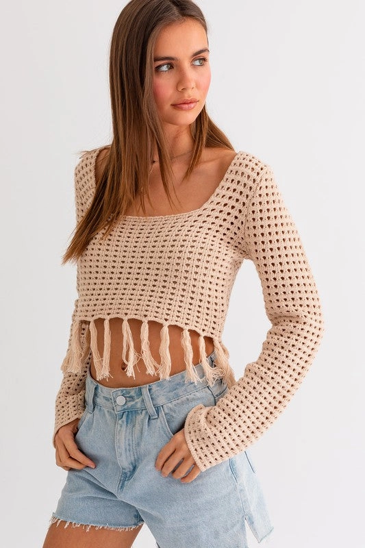 Beachfront Square Neck Crochet Fringe Top