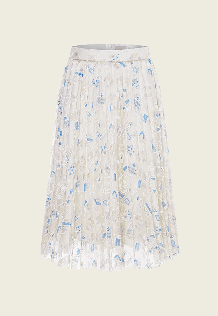 Beige Dreamy Embroiederd Pleated Midi Skirt
