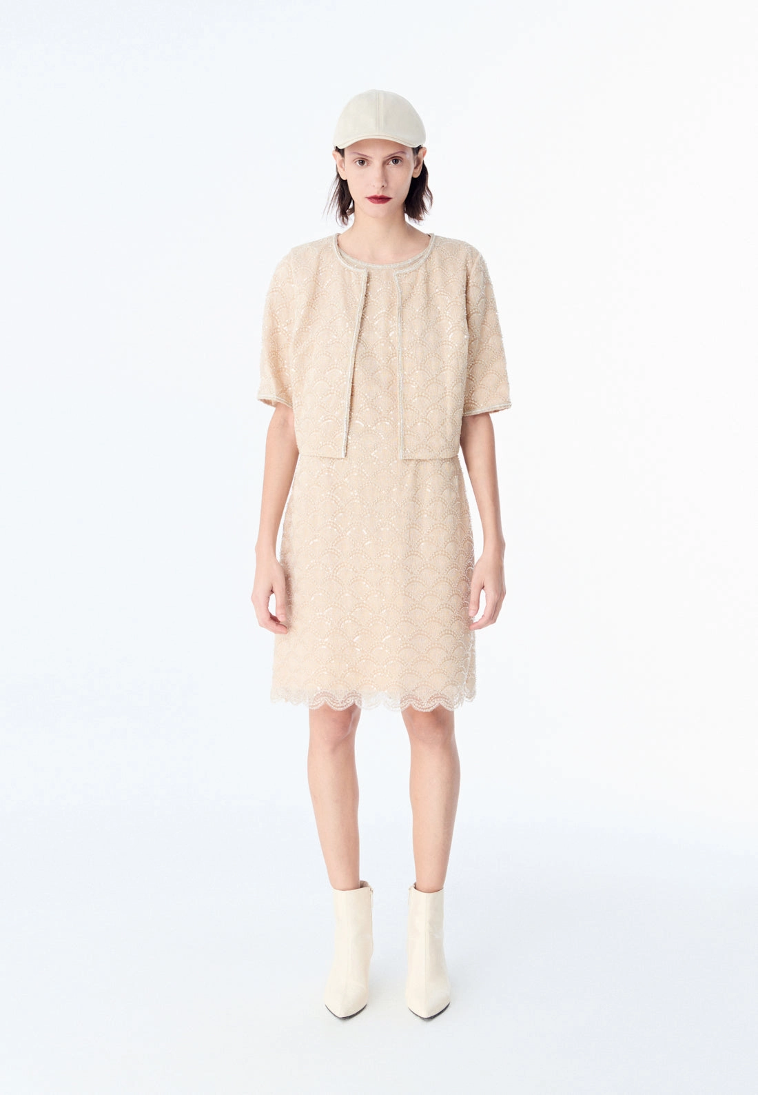 Beige Embroidered Mesh Mid-sleeves Crop Jacket