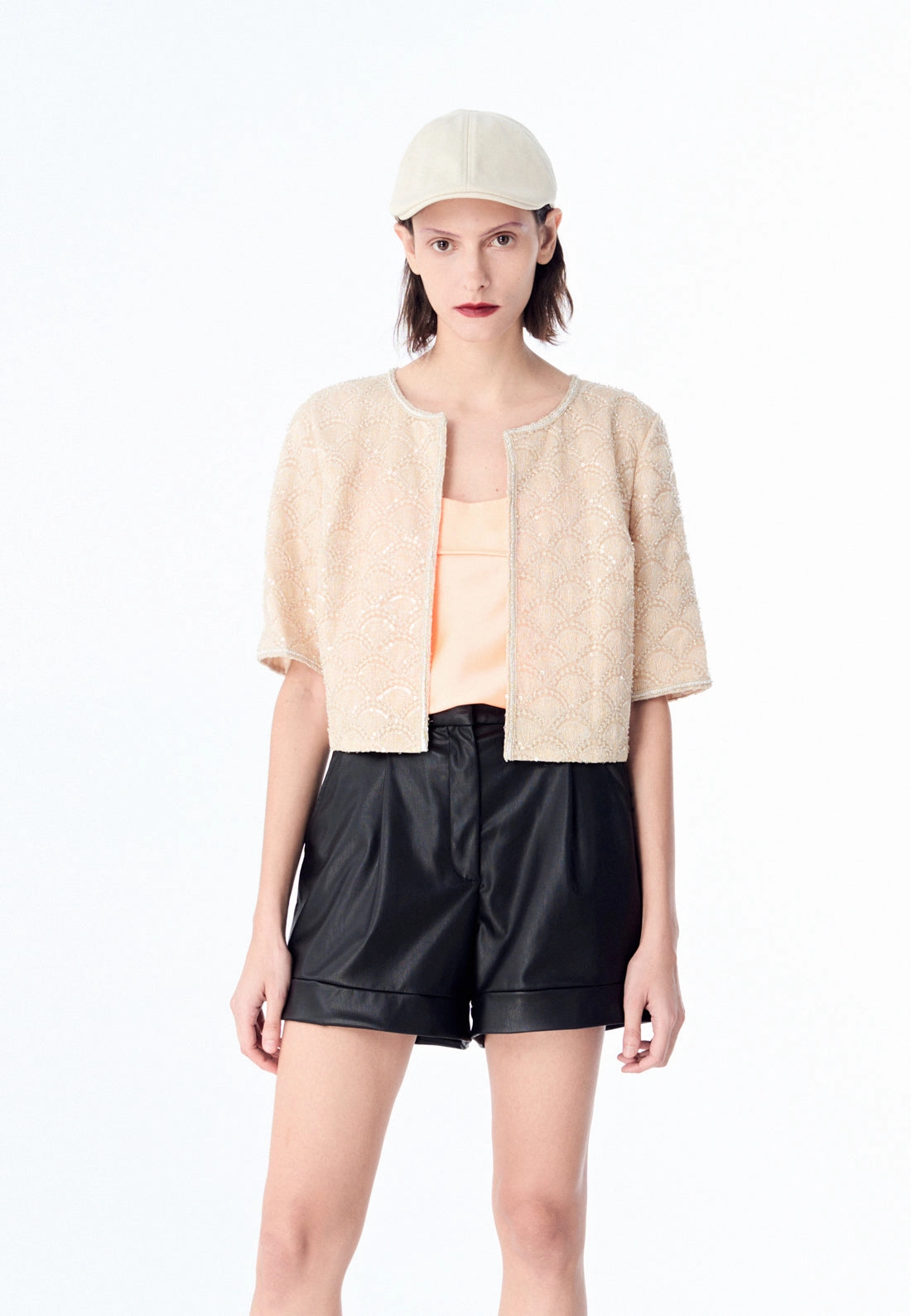 Beige Embroidered Mesh Mid-sleeves Crop Jacket