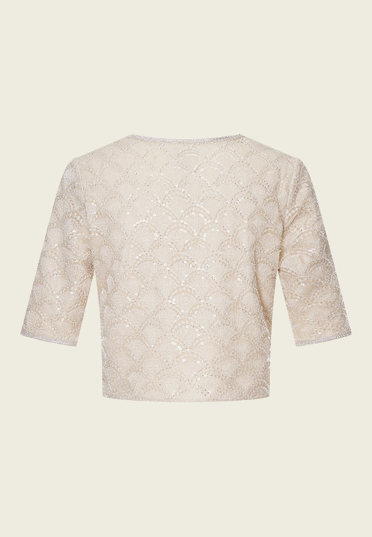 Beige Embroidered Mesh Mid-sleeves Crop Jacket
