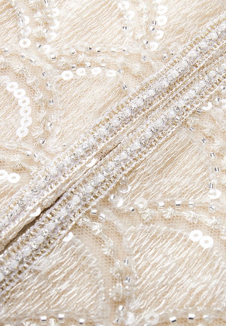Beige Embroidered Mesh Mid-sleeves Crop Jacket