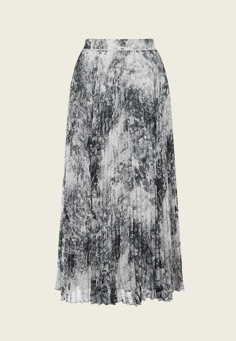 Black-and-shite Motif Chiffon Pleated Skirt