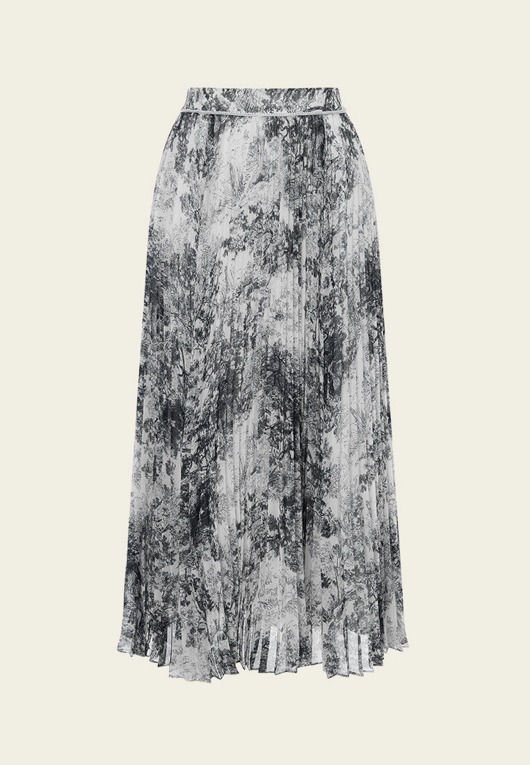 Black-and-shite Motif Chiffon Pleated Skirt