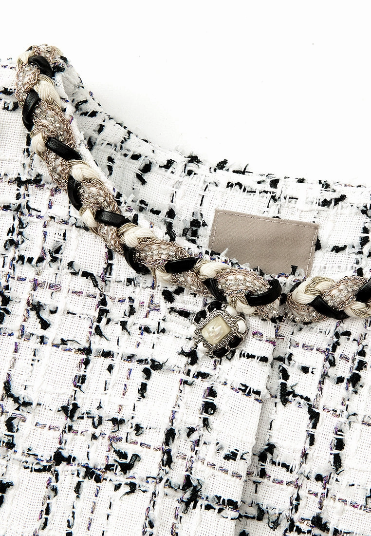 Black-and-white Checked Mixed Braided-trim Jacket