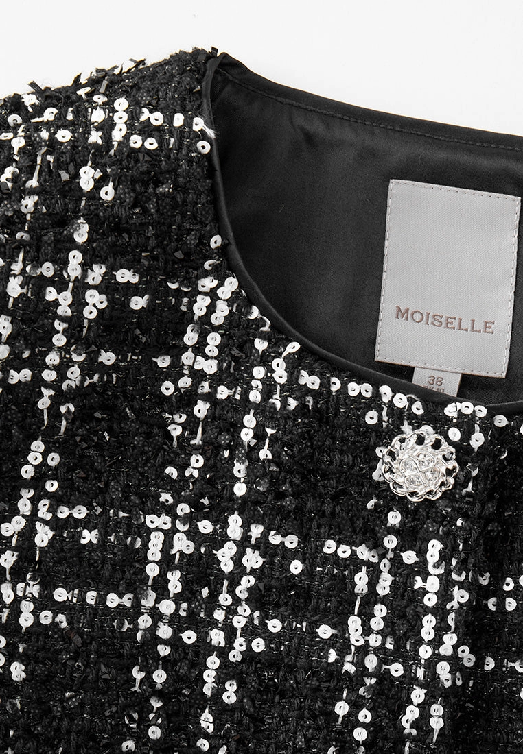 Black and White-sequined Checker Tweed Jacket w. Mini Pouch