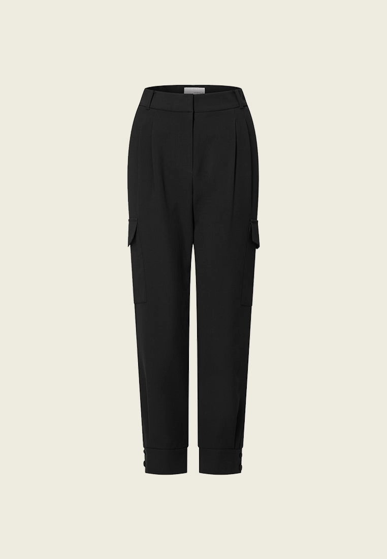Black Crepe Cargo Tapered Pants