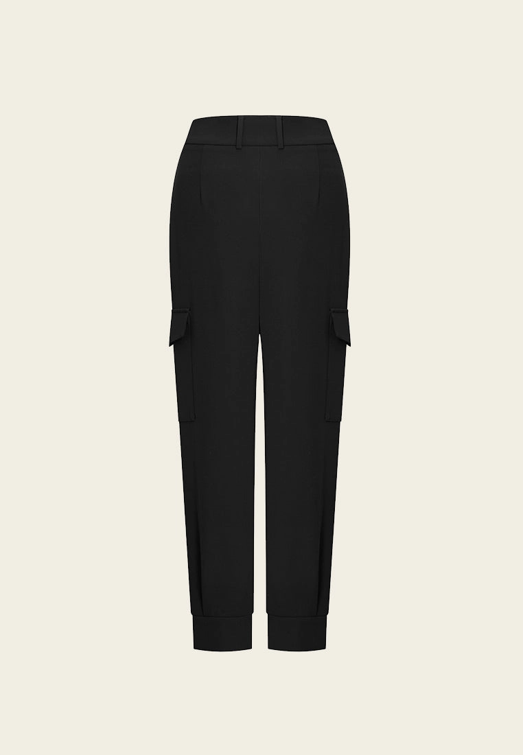 Black Crepe Cargo Tapered Pants
