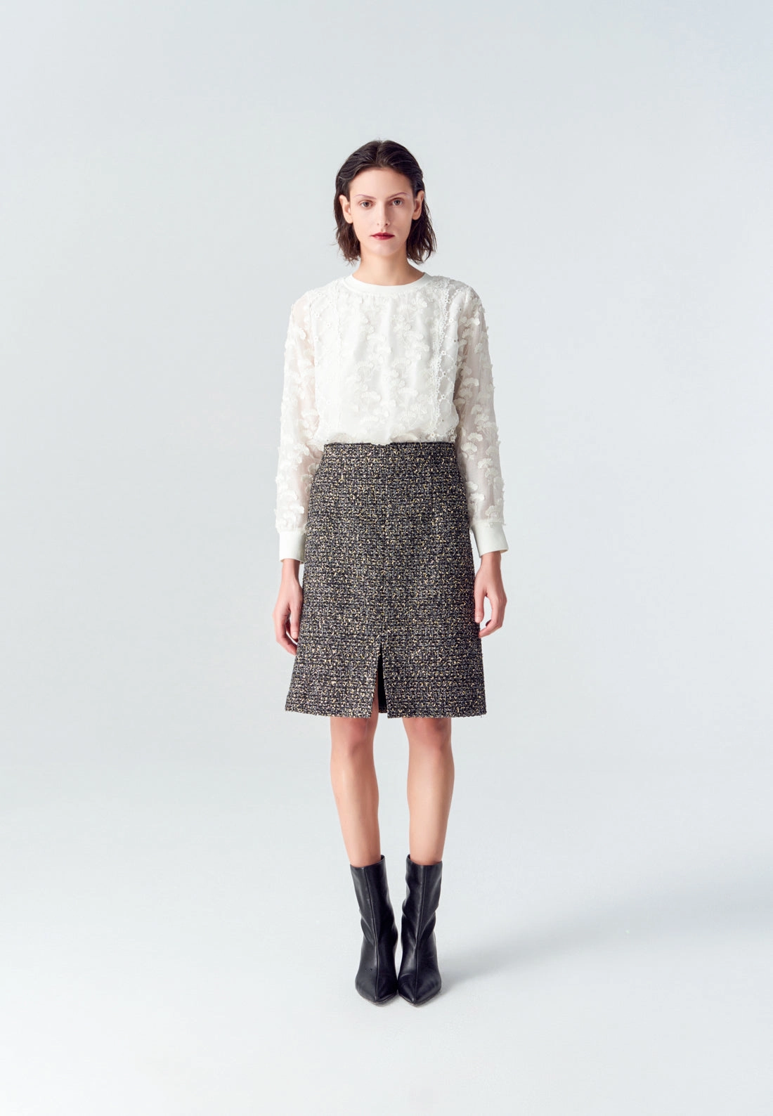 Black Lurex Tweed Front Slit Midi Skirt
