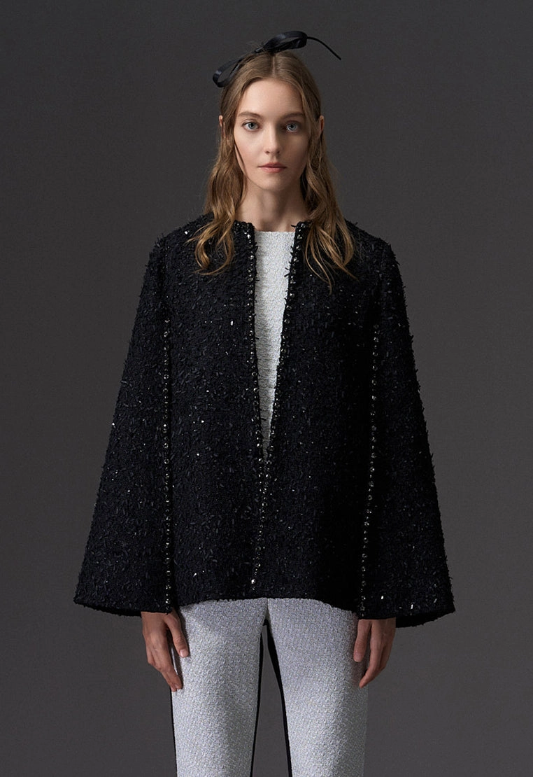 Black Rhinestone Embellished Tweed Cape
