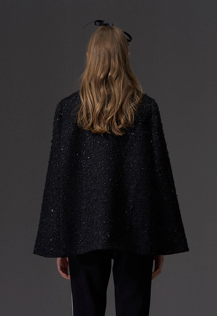 Black Rhinestone Embellished Tweed Cape