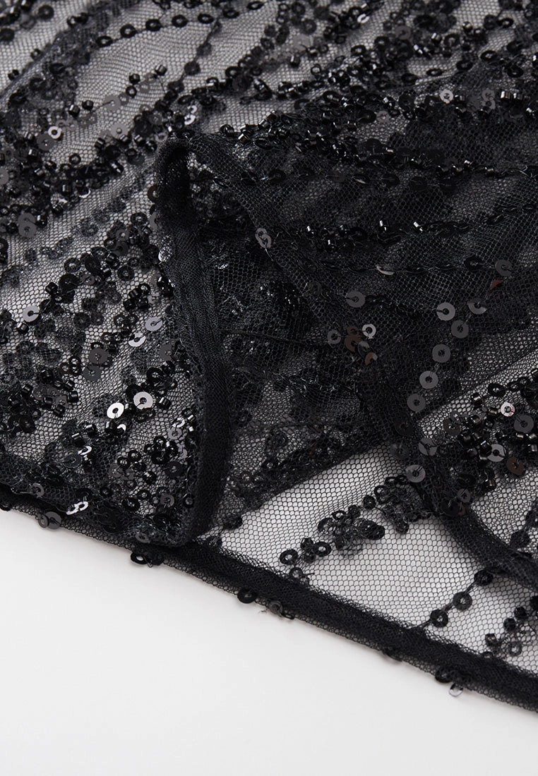 Black Sequin Mesh Midi Skirt