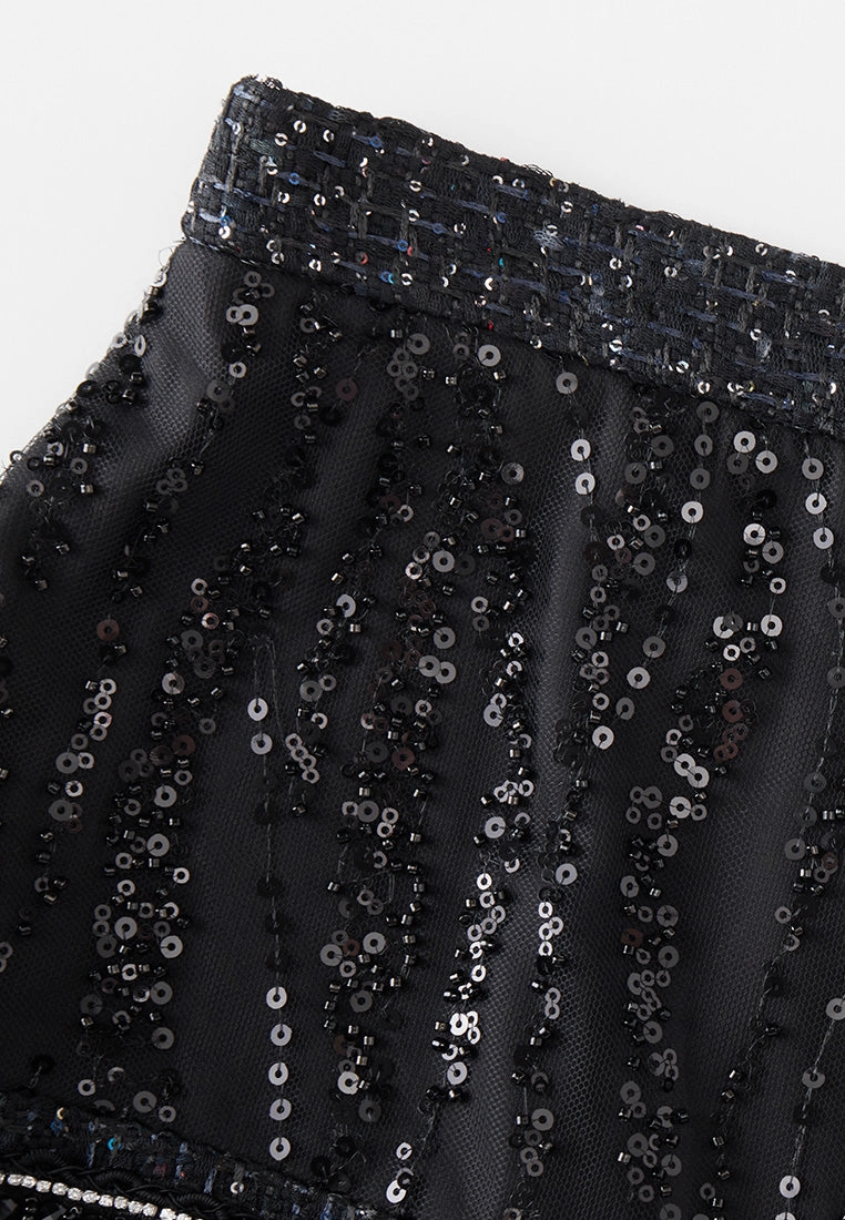 Black Sequin Mesh Midi Skirt