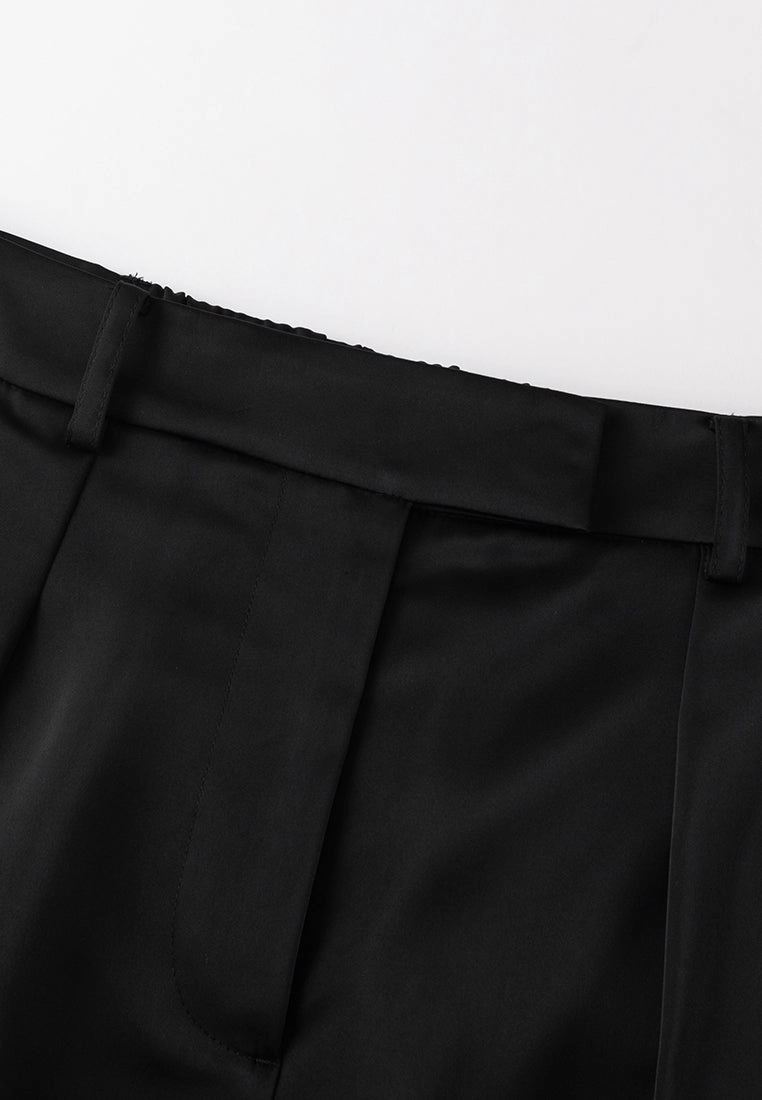 Black Sheen Straight-leg Tailored Pants with Elastic Back