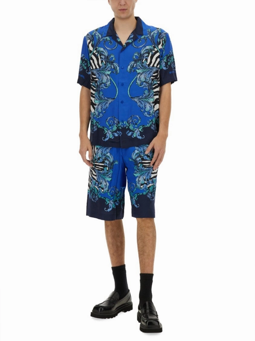 Blue Viscose Shorts With Intricate Patterns