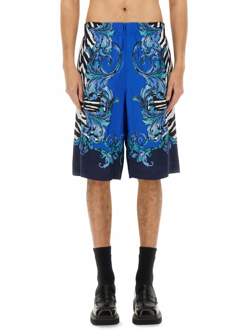 Blue Viscose Shorts With Intricate Patterns