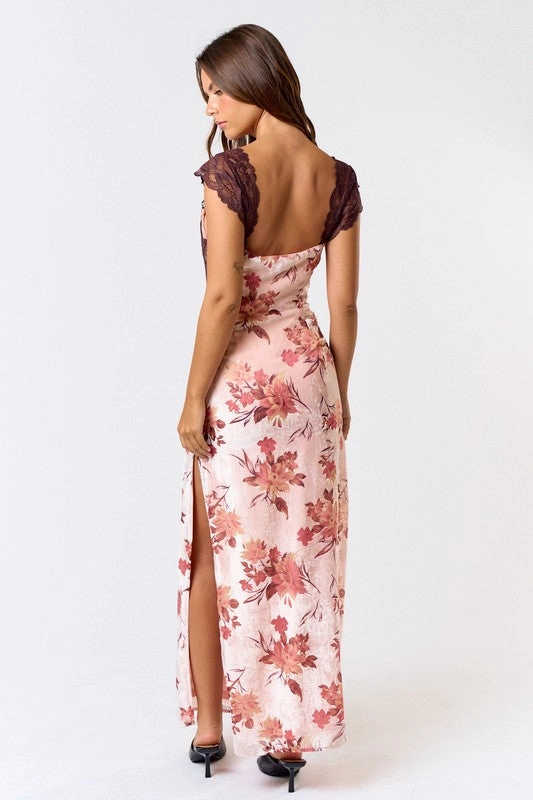 Burnout Velvet Lace Floral Maxi Dress