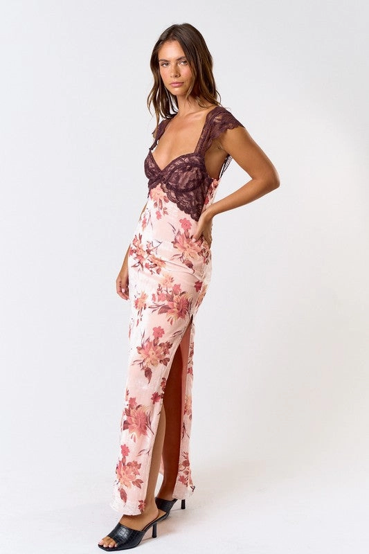 Burnout Velvet Lace Floral Maxi Dress