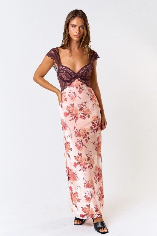 Burnout Velvet Lace Floral Maxi Dress