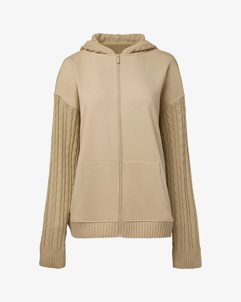 Cable Knit Sleeve Zip Up Hoodie