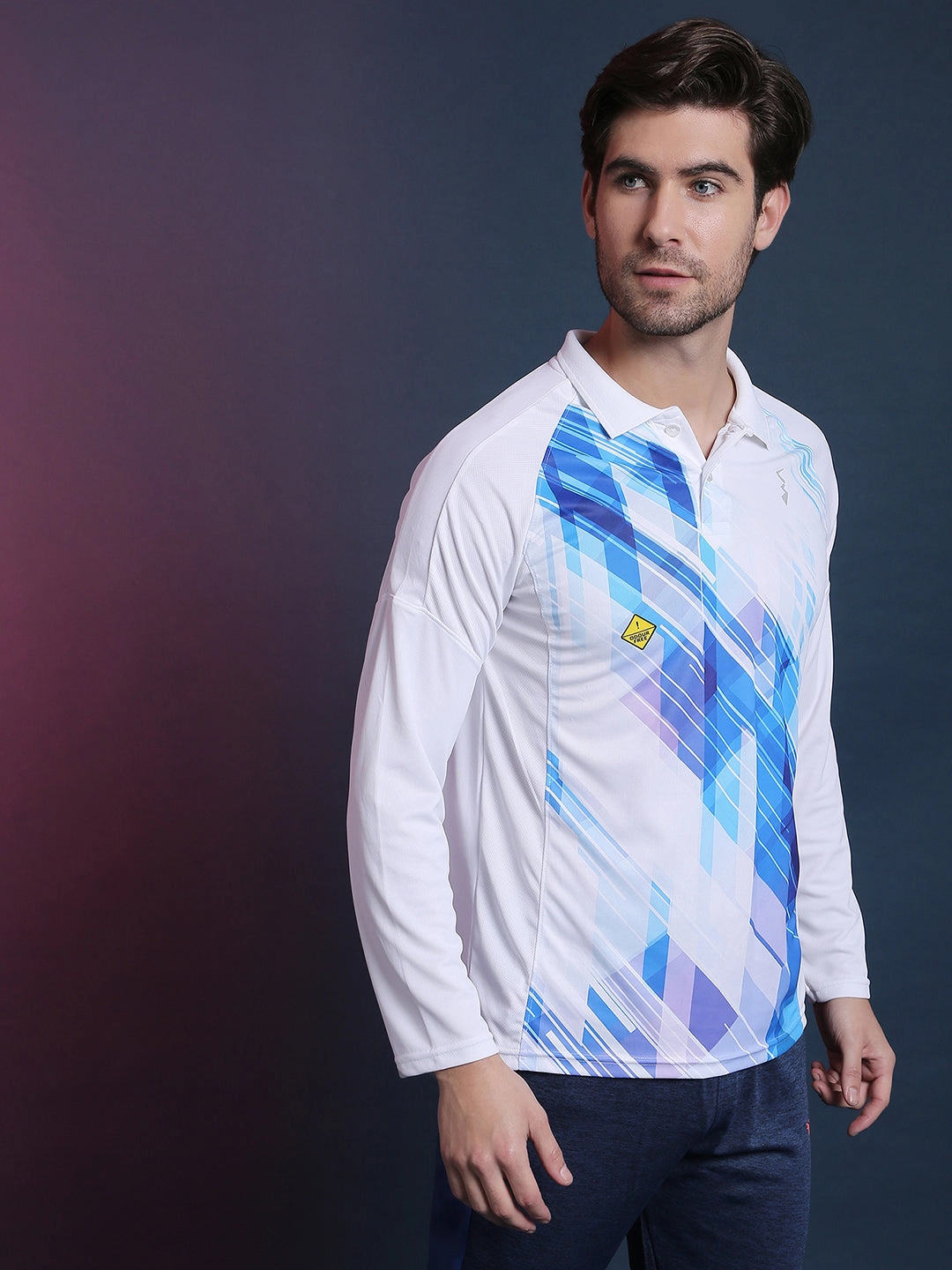 Campus Sutra Graphic Print Men Polo Neck White Blue Sports T-Shirt