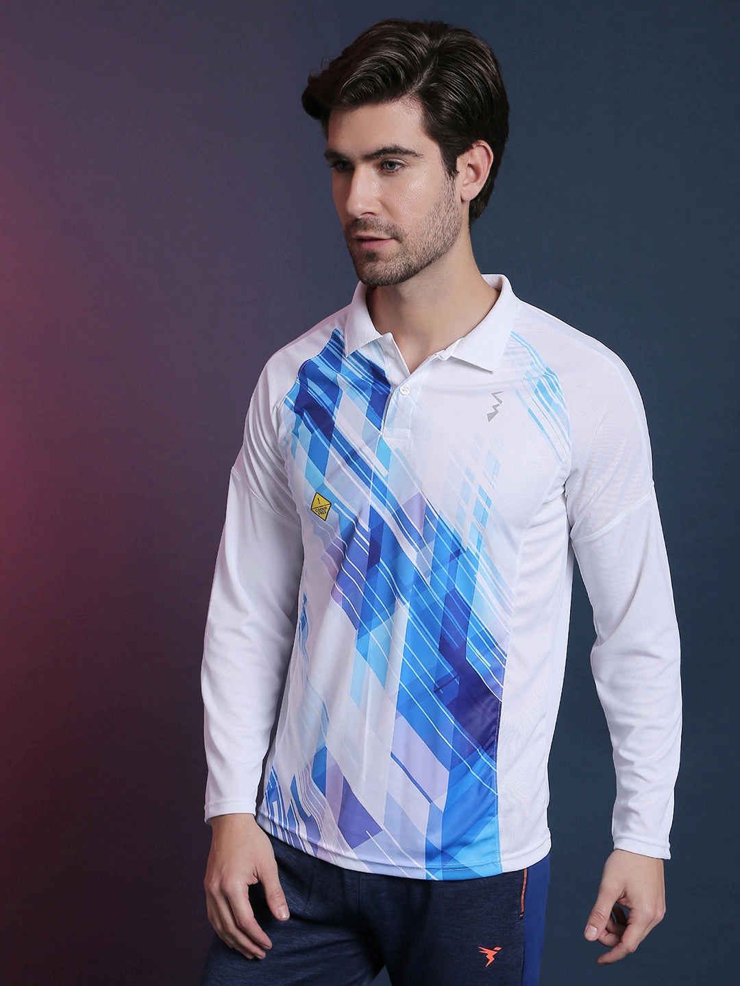 Campus Sutra Graphic Print Men Polo Neck White Blue Sports T-Shirt