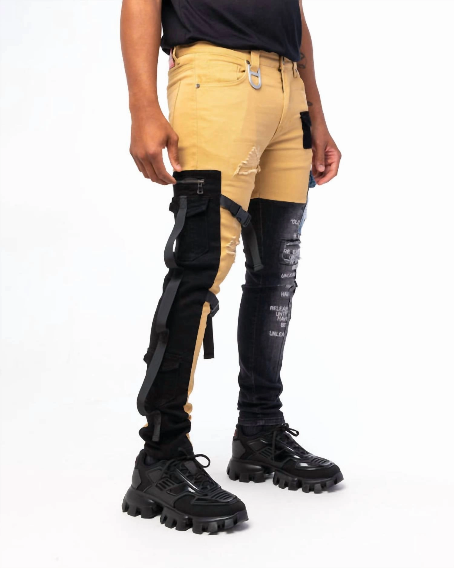 Cargo Denim Jeans In Khaki/black