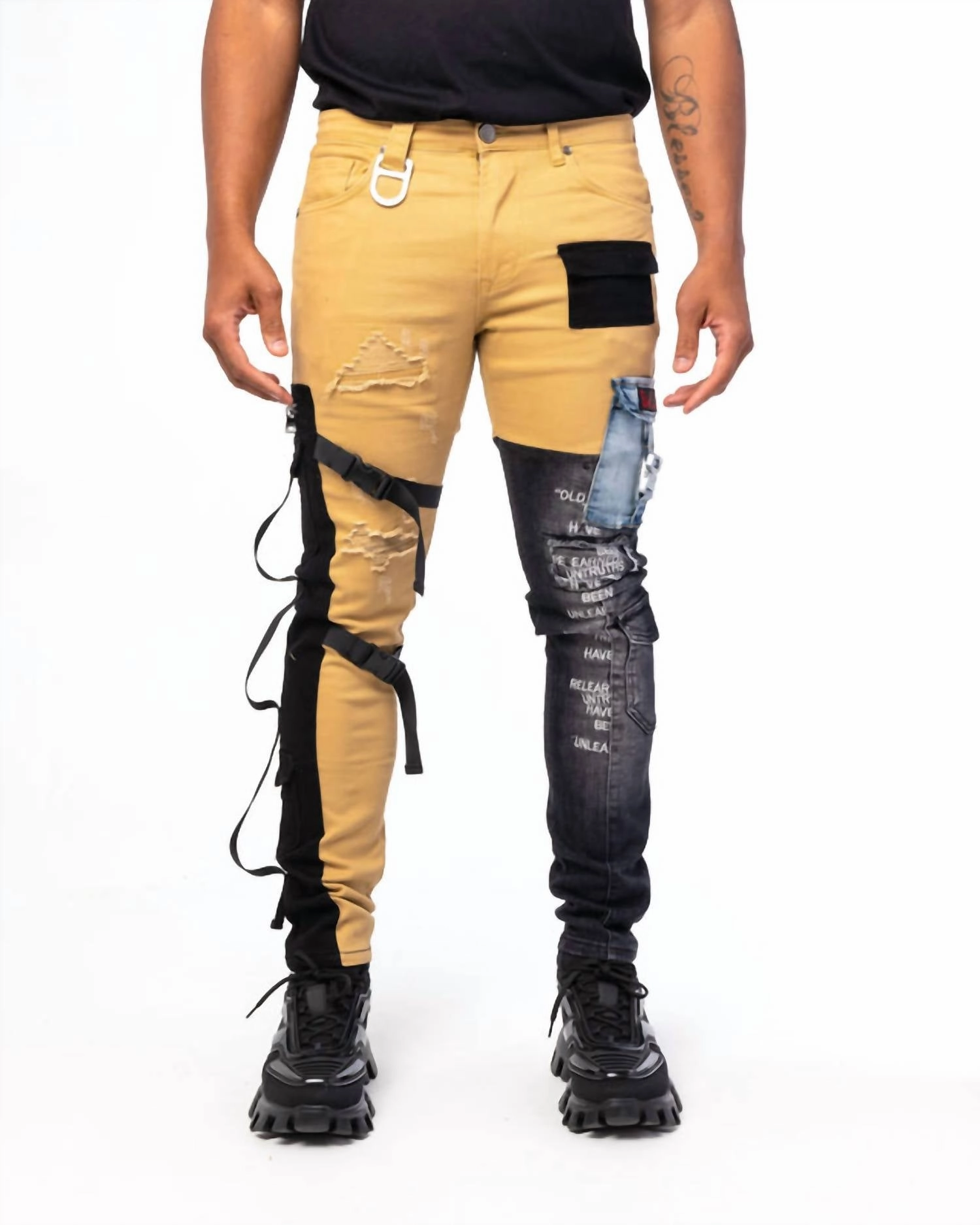 Cargo Denim Jeans In Khaki/black