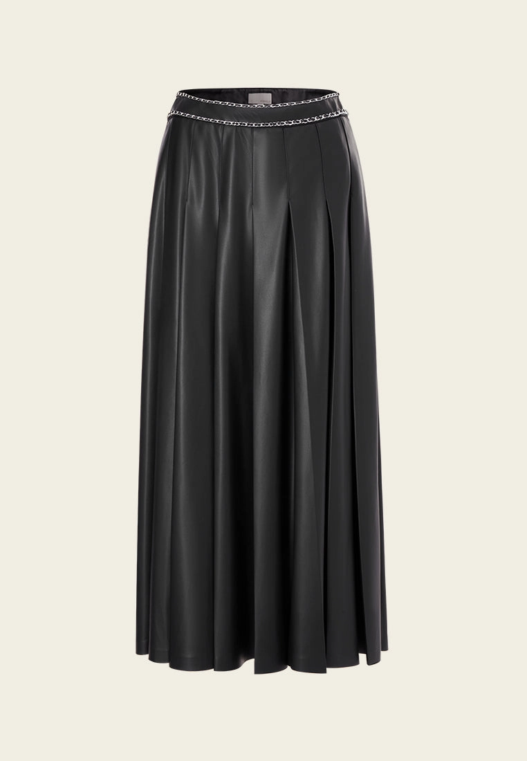 Chain-detail Vegan Leather Pleated Skirt