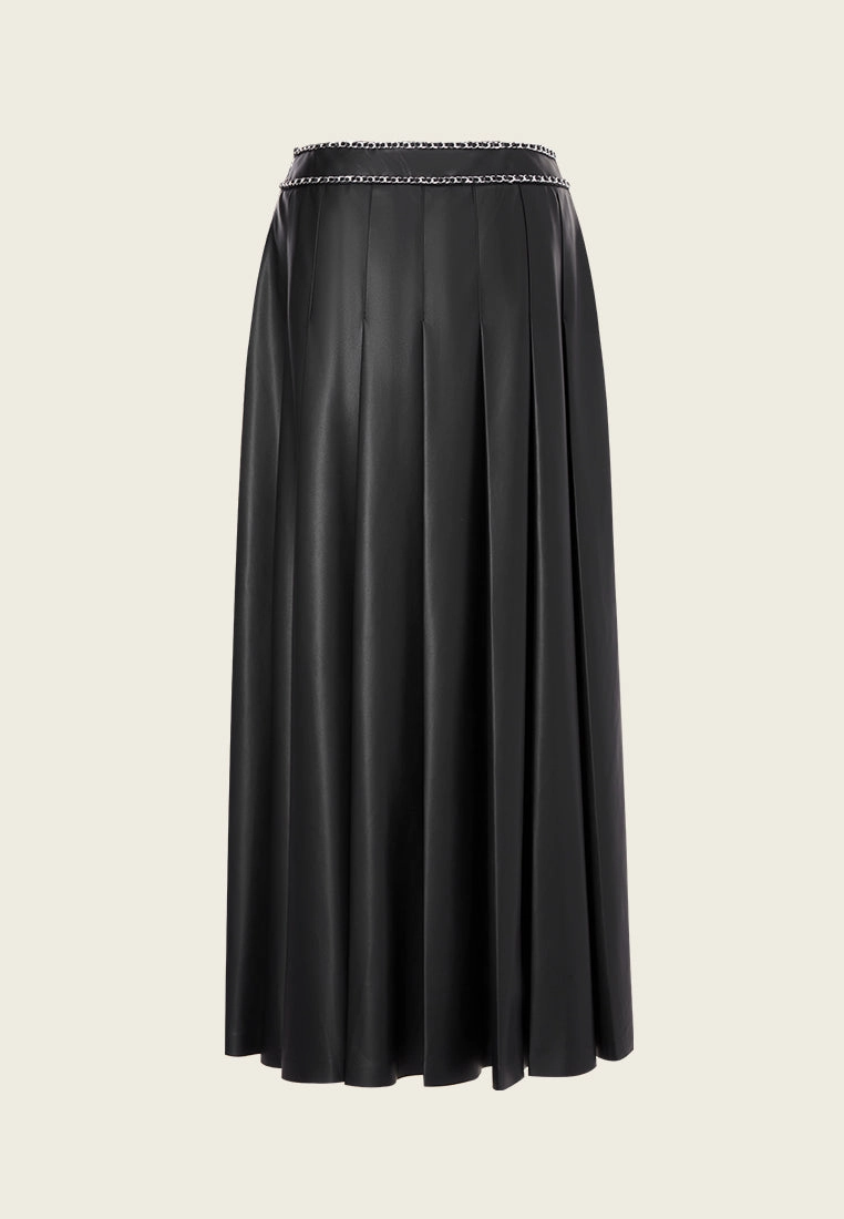 Chain-detail Vegan Leather Pleated Skirt