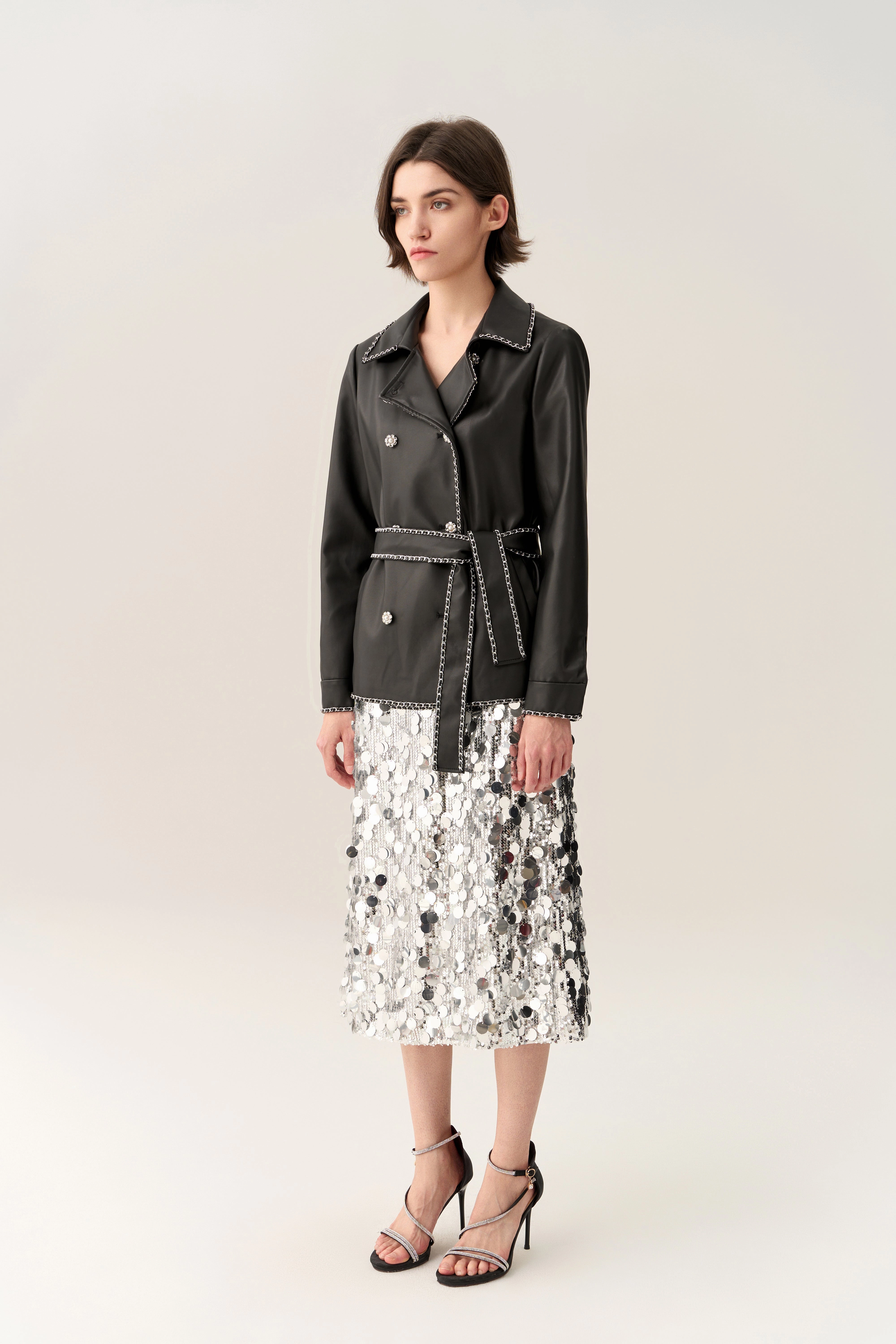 Chain-detail Vegan Leather Tie-waist Jacket