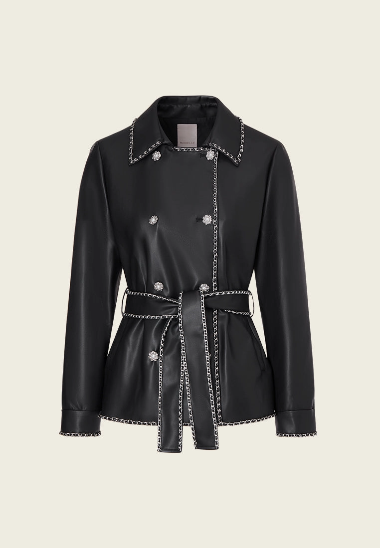 Chain-detail Vegan Leather Tie-waist Jacket