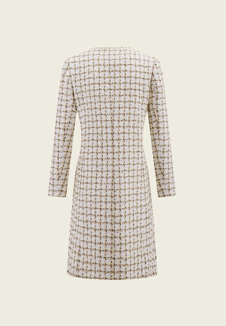 Check White Tweed Thigh Length Coat